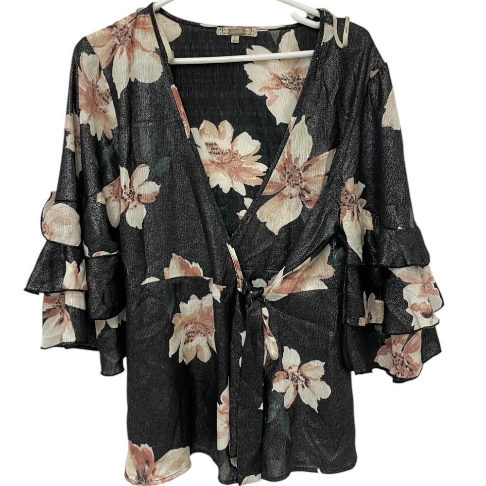 Flowercore Ruffled Wrap‎ Blouse Top Womens Black L Metallic Bell Sleeve Boho